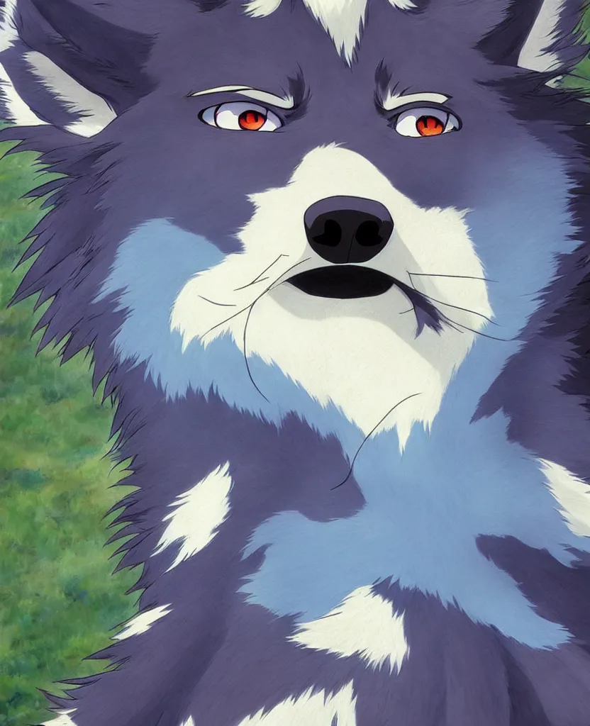 Image similar to beautiful painting from the anime film by studio ghibli, a blue anthropomorphic wolf creature petting a tiny border collie , trending on artstation