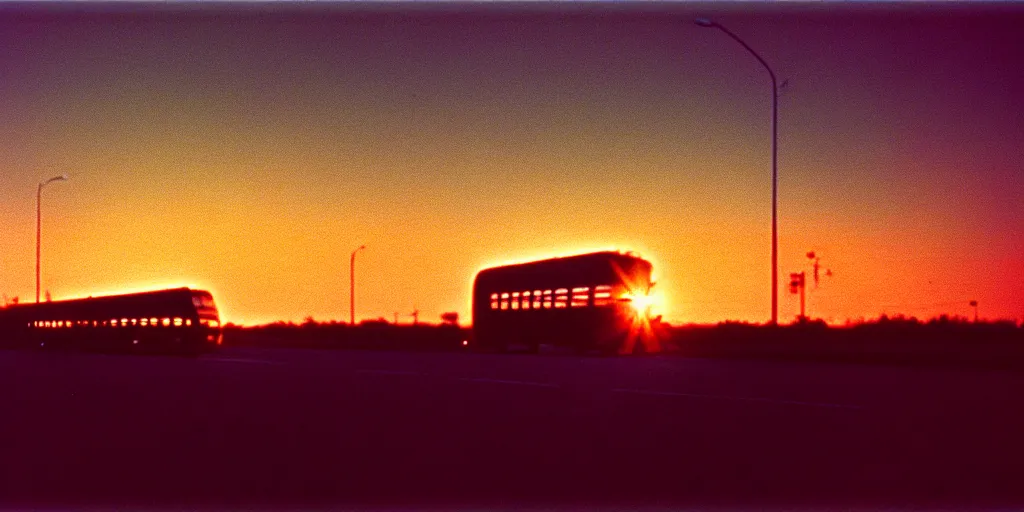 Image similar to an infinitely long greyhound bus never ending, sunset, eerie vibe, leica, 2 4 mm lens, cinematic screenshot from the 2 0 0 1 surrealist film directed by charlie kaufman, kodak color film stock, f / 2 2, 2 4 mm wide angle anamorphic