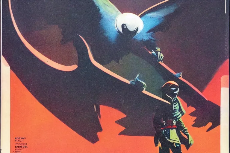 Image similar to 1979 OMNI Magazine Cover of a kenku rogue. in cyberpunk style by Vincent Di Fate