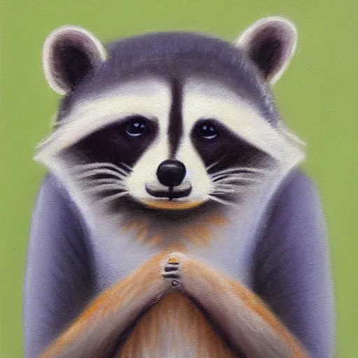 Image similar to pastel painting of a cute raccoon working hard