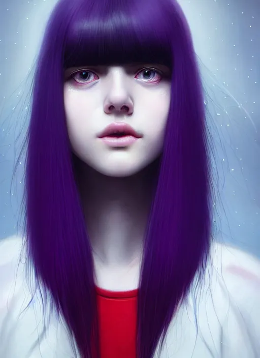 Image similar to hair whitebangs hair, black hair, whitebangs, portrait of teenage girl with white bangs, red irises, purple clothes, white bangs, bangs are different color from hair, intricate, elegant, glowing lights, highly detailed, digital painting, artstation, concept art, smooth, sharp focus, illustration, art by wlop, mars ravelo and greg rutkowski