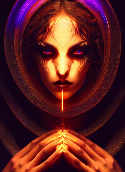 Image similar to book cover, front portrait, dark witch with black hood and evil eyes, realism, soft, smooth, luminescent, art nouveau tarot, backlit glow, colorful swirly ripples, gaudy colors, aesthetic octane render, unreal engine, 8 k, by artgerm, greg rutkowski, alphonse mucha