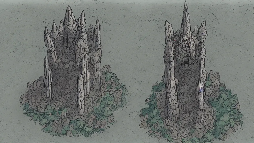 Image similar to Aerial view of a wizard tower next to a few mines and a few caves, lineart, colored