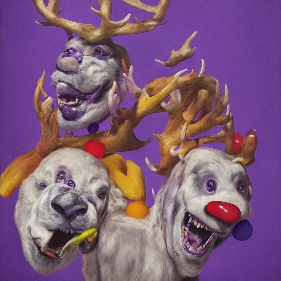 Image similar to rare hyper realistic portrait painting by italian masters, symmetrical composition, studio lighting, brightly lit purple room, a blue rubber duck with antlers laughing at a giant laughing white bear with a clown mask