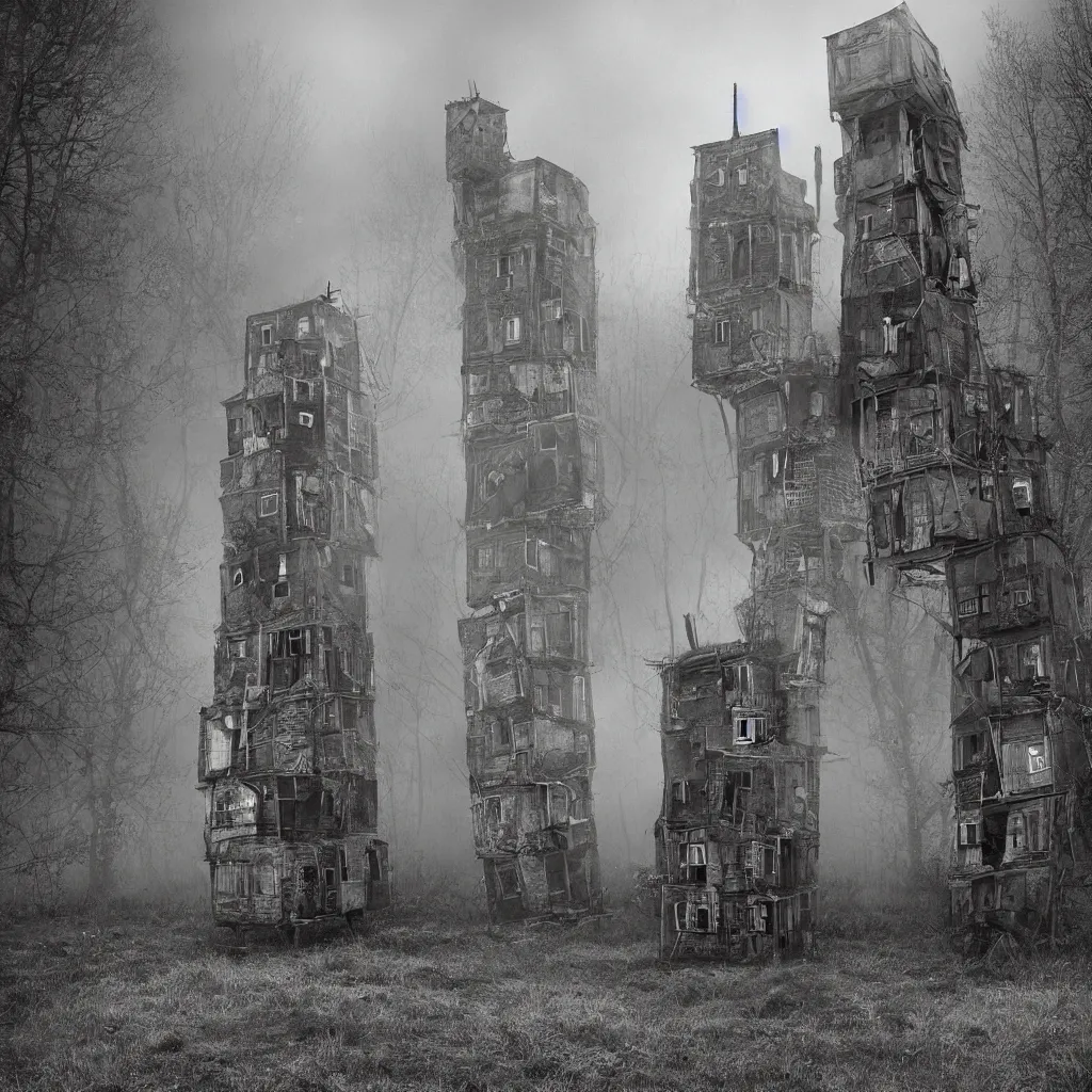 Image similar to two towers, made up of makeshift squatter shacks, misty, dystopia, mamiya rb 6 7, fully frontal view, very detailed, digital glitches, photographed by jeanette hagglund