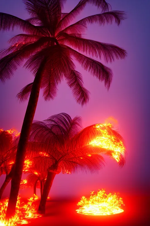 Prompt: hyper-detailed 4K photography Fiery Palm tree lights up black landscape with embers, volumetric lighting, octane render, 4K resolution, trending on artstation, masterpiece