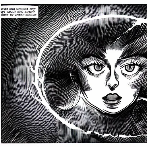 Image similar to Manga Panels, Mila Kunis summons a black spiral void from the sky by Junji Ito