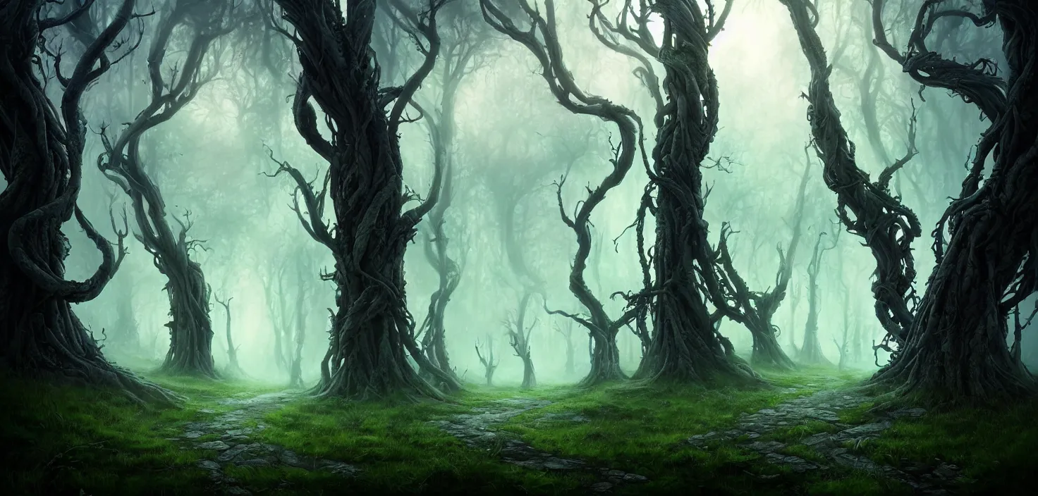 Prompt: scary fairy tale mystical forest twisted creepy trees magical forest landscape artwork trees near the path amazing nature, cinematic view, epic sky, detailed, concept art, low angle, high detail, warm lighting, volumetric, godrays, vivid, beautiful, trending on artstation, by jordan grimmer, huge scene, grass, art greg rutkowski