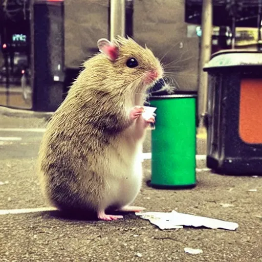 Image similar to “ hamster dressed as a homeless person sitting at an intersection with arms stretched out holding a tin can, trash on ground, sad atmosphere ”