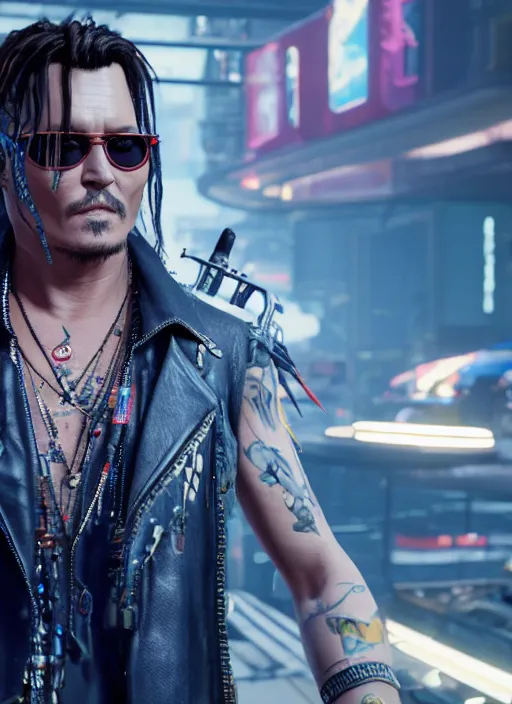 Image similar to film still of Johnny Depp as Johnny Silverhand in Cyberpunk 2077, gameplay, 8k, HD