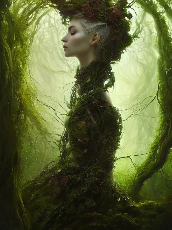 Image similar to Full View Portrait Mystical ethereal deity of oak trees wearing beautiful dress in a magic forest, Oak Dryad made of vines tree bark moss beautiful dress, 4k digital masterpiece by Greg Rutkowski and Ruan Jia and Tom bagshaw, Alberto Seveso, fantasycore, Hyperdetailed, realistic oil on linen, soft lighting, featured on Artstation, textured, stylized, intricate details