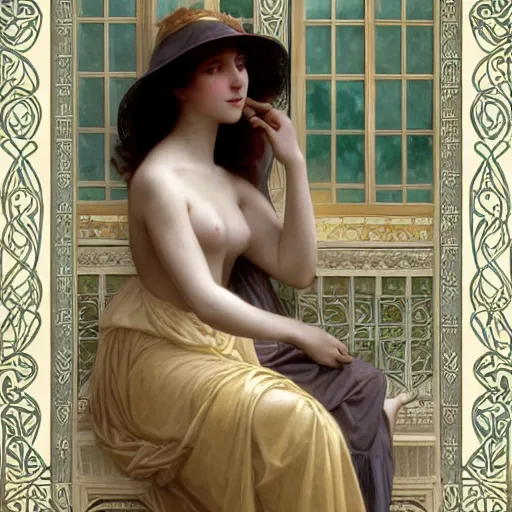 Prompt: ! dream artgerm, william - adolphe bouguereau style, long shot of big sun with one beautiful girl sitting in a corner of an art nouveau style conservatory, intricate, elegant, highly detailed, one woman, 1 9 2 0's style speakeasy, digital painting, artstation, concept art, smooth, sharp focus, illustration,