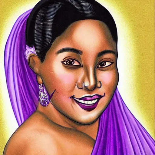 Image similar to zi di had a head of curvy black hair, and her wheat coloured skin glistened with sweat, giving her a delicate appearance. her features were defined, and she had a beautiful smile beyond the ordinary. the most attractive part of her was her big, purple eyes, shining like clear amethyst.