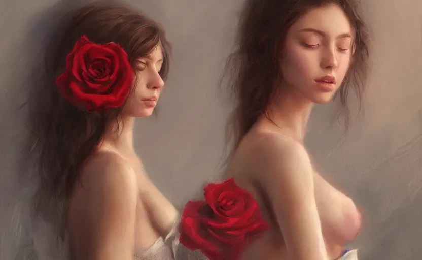 Image similar to a painting of virtualrose trending on artstation in the style of greg rutkowski, beautiful, sensuality, young female, sensual, natural skin, brown hair, red rose in hair