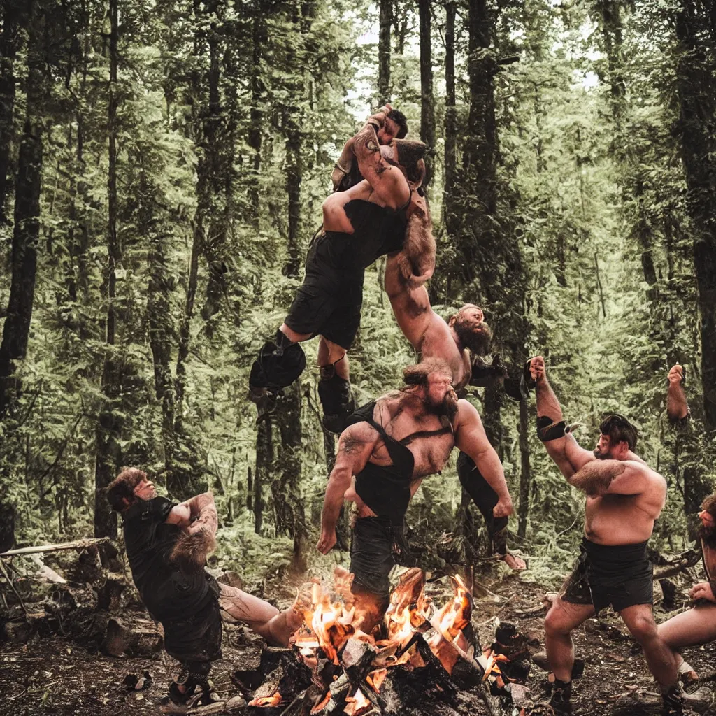 Image similar to big hairy strongmen in shorts in a forest, cuddling and kissing around a campfire, daddy energy, wholesome, cute, love, photography, high details, epic, high resolution