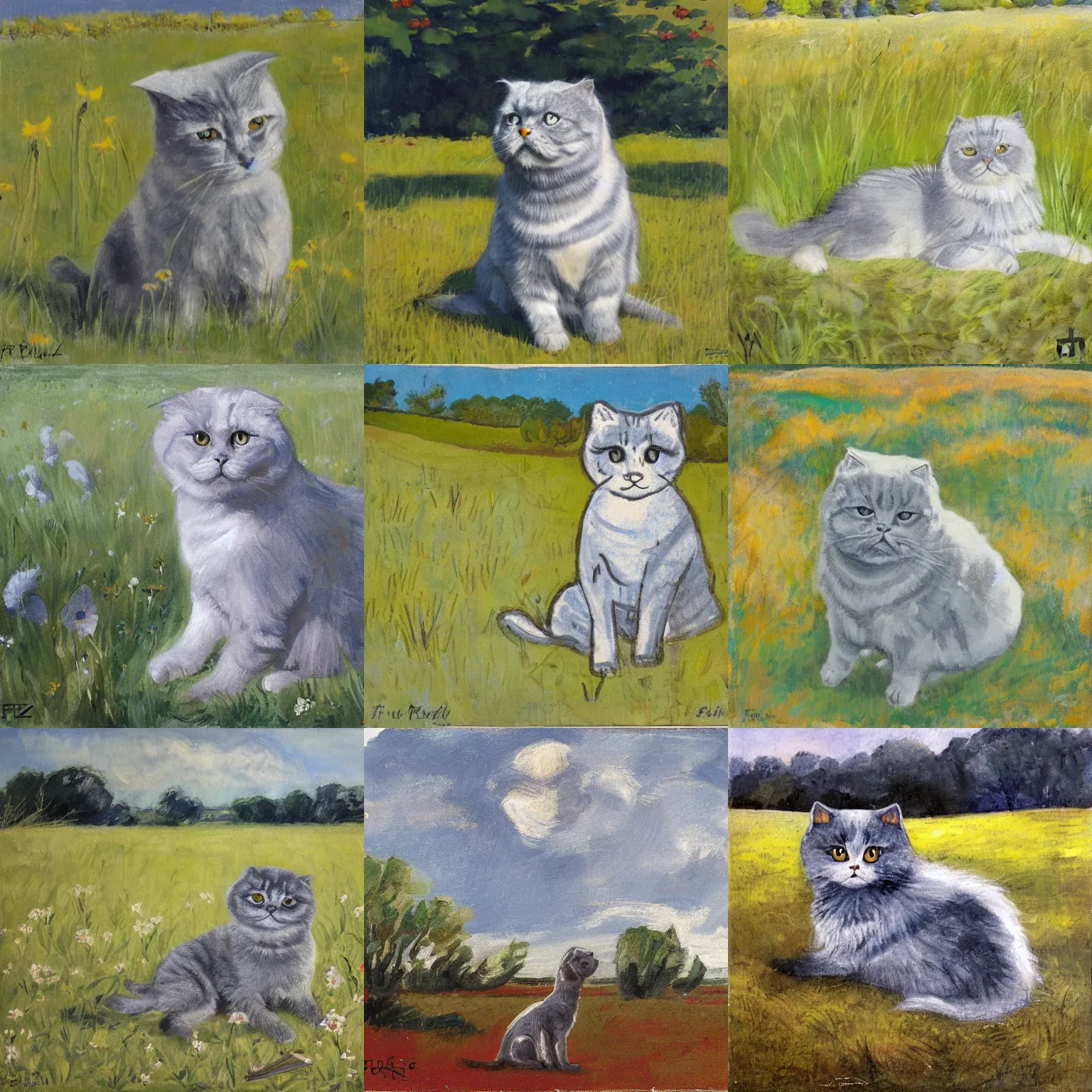 Prompt: a gray scottish fold sitting in the middle of sunny meadow, by fritz bleyl
