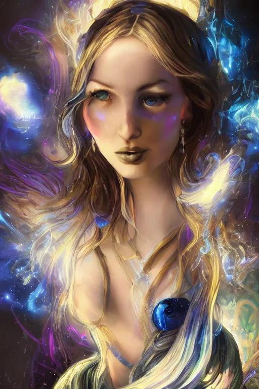 Image similar to Path of Exile, Maven, blue eyes female image with silver purple hair among colourful lights, dark blue spheres fly around, Anachronism, painting, dark fantasy, steampunk, 4k