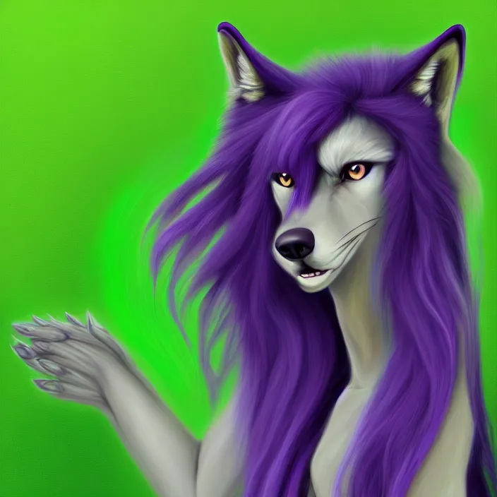 Image similar to a digital painting of an anthropomorphic female wolf fursona with long violet hair wearing a green dress, symmetry, focus, furry, soft lighting, oil on canvas, hyper detailed