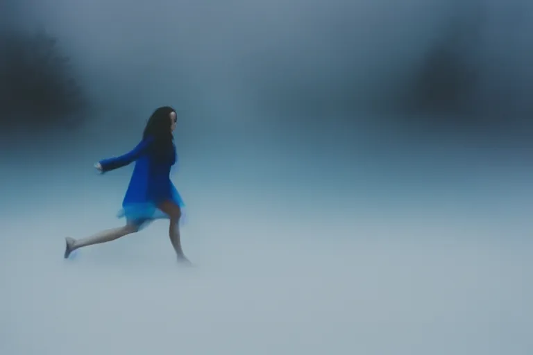 Image similar to film photography, blue theme, minimalism, close up woman lips running in the blue fog, low shutter speed, 35mm, motion blur