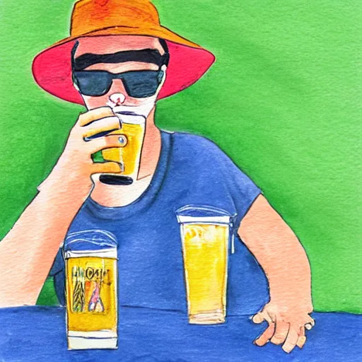 Prompt: an illustration a cat wearing a bucket hat and a hawaii shirt drinking a beer at an outdoor bar, watercolor drawing