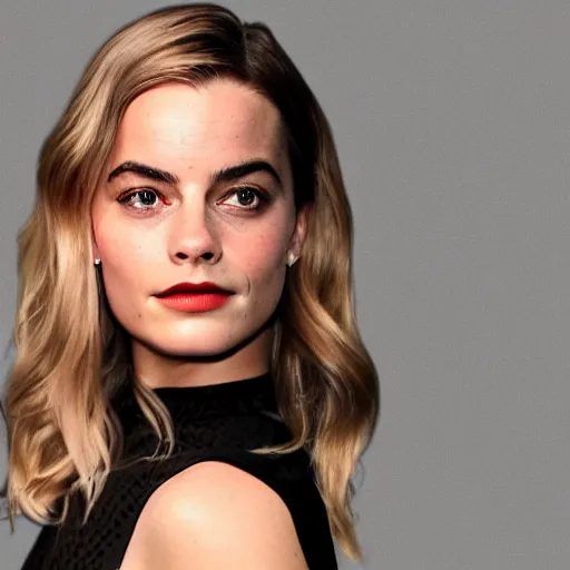 Image similar to a woman who is a genetic combination of margot robbie and emma watson face and upper - body focus