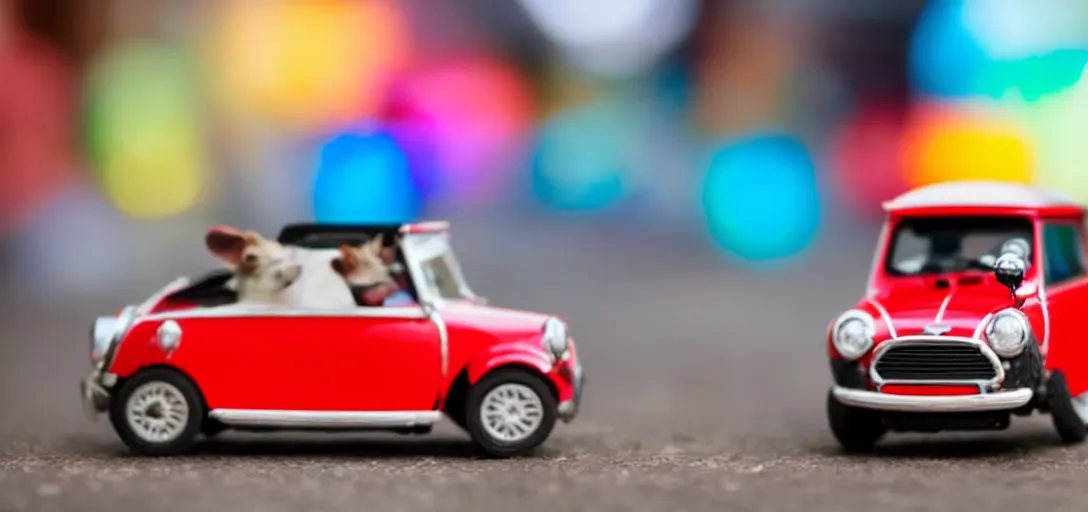 Image similar to a mouse driving a mini toy car bokeh