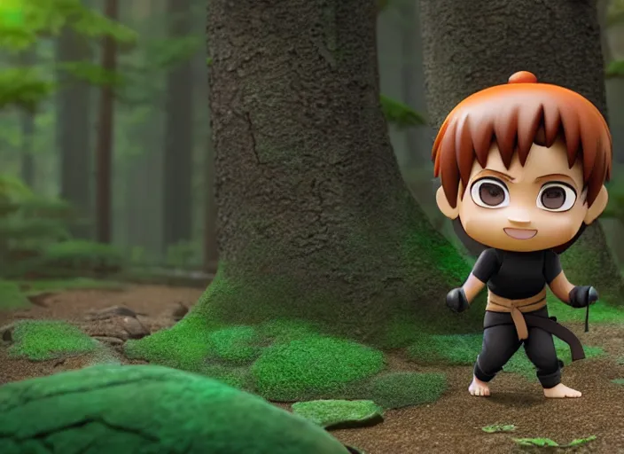 Image similar to zen ninja as nendoroid walking in a forest in the croods movie style, anime, disney, pixar, 8 k, hd, dof, kodak film, volumetric lighting, subsurface scattering, photorealistic, octane render, details