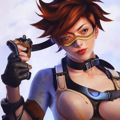 Image similar to oil painting of tracer overwatch in a field wearing large leather belt choker around neck, in style of mark arian, expressive face, detailed face, detailed eyes, full body, feminine face, tracer overwatch,