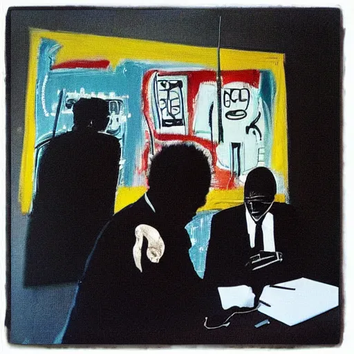 Prompt: “seal the deal, signing contracts in a corporate board room, by basquiat, very realistic, highly detailed”