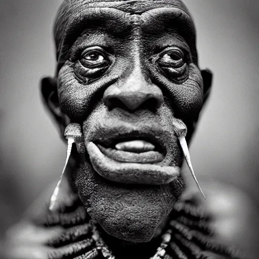 Image similar to black and white photo, portrait of Congolese voodoo master by sebastiao salgado, realistic, Leica, medium format, cinematic lighting, parallax, high resolution,