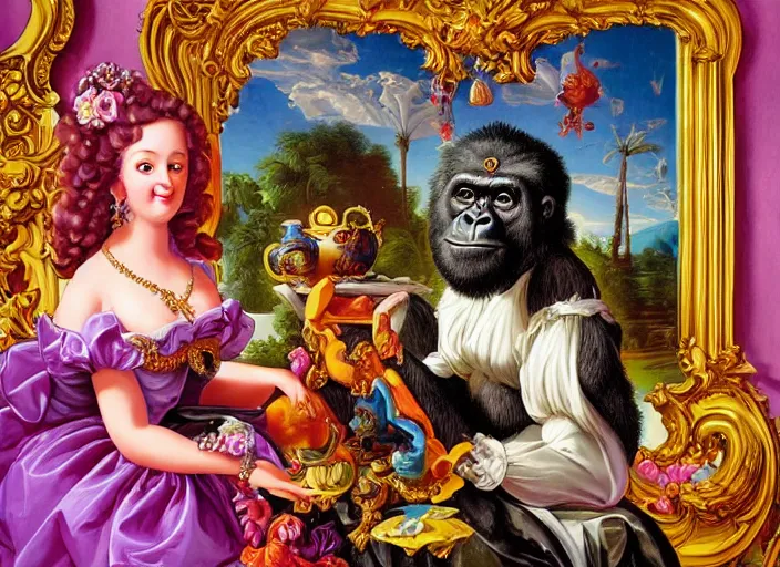 Prompt: baroque rococo painting posing Fancy Royal Gorilla Greg Hildebrandt Lisa Frank high detail cute whimsical excellent composition