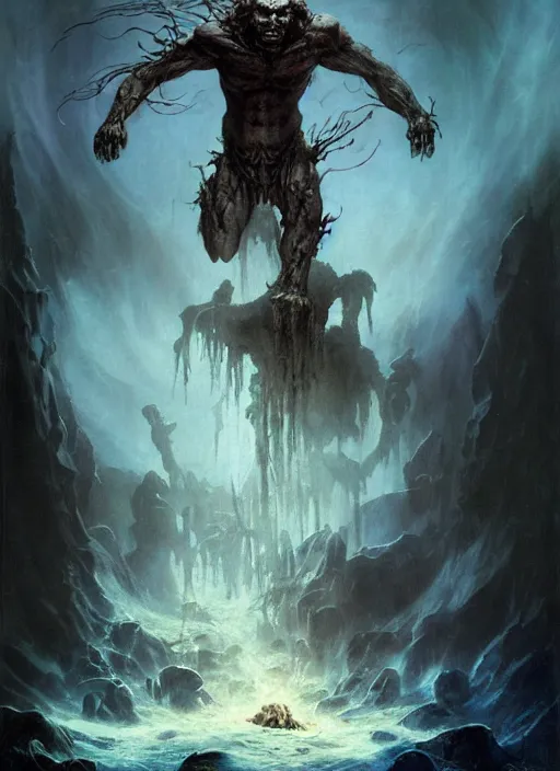 Image similar to shackled in styx river of the underworld, frank frank frazetta and cgsociety, stunning sasquatch, blood splatters, charlie bowater and tom bagshaw, insanely detailed, deviantart, space art, atoms surrounded by skulls, death, and spirits flying, water fall, horror, sci - fi, surrealist painting, by peter mohrbacher