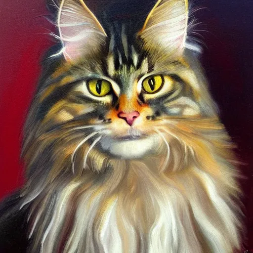 Prompt: Portrait Oil Painting Thick-Strokes of a photogenic Maine-Coon wearing a sombrero