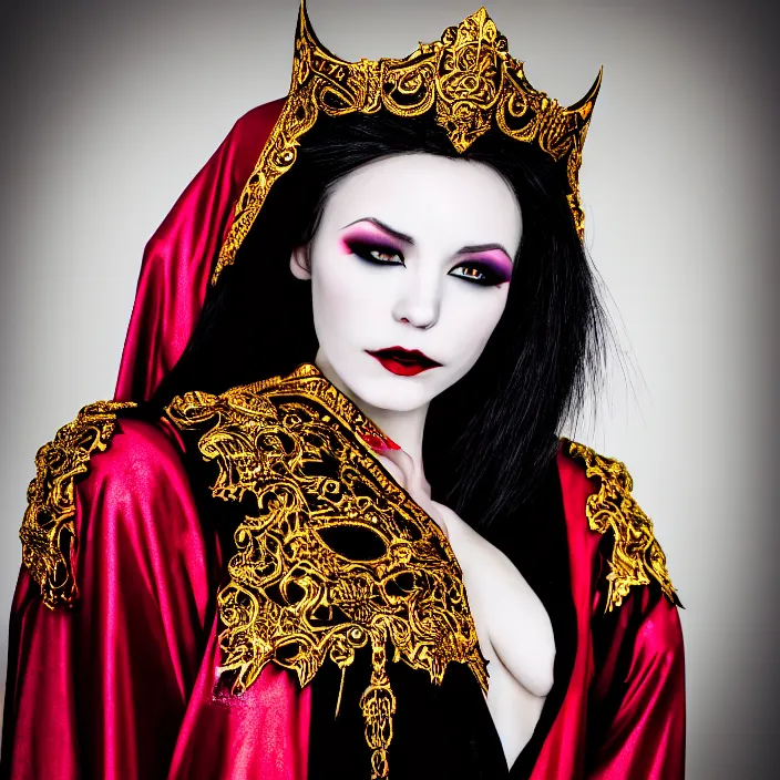 Prompt: professional photograph of a beautiful vampire queen with ornate robes. extremely detailed. dslr. 5 0 mm 8 k