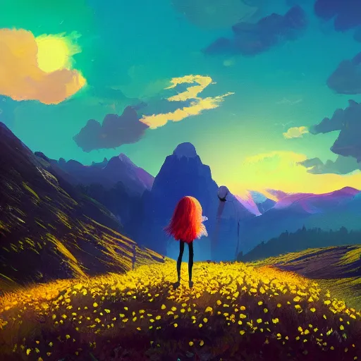 Image similar to giant daisy flower head, girl hiking in the mountains, surreal photography, sunrise, dramatic light, impressionist painting, colorful clouds, digital painting, artstation, simon stalenhag