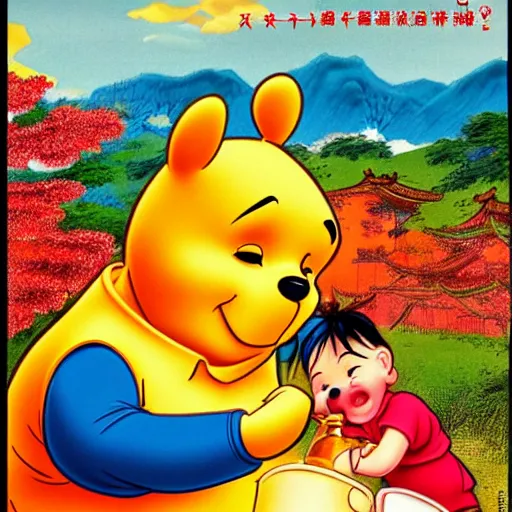 Image similar to Chinese propaganda poster of Winnie the pooh eating honey , high definition, 4k