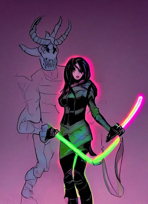 Prompt: comic book art of a [ woman ] with [ long black hair ] holding a [ neon sword ], [ soldier ] in trenchcoat with [ glowing ] boots, in [ battle ] with a [ giant ] dark horned creature from hell, illustration artstation arcane by tim doyle