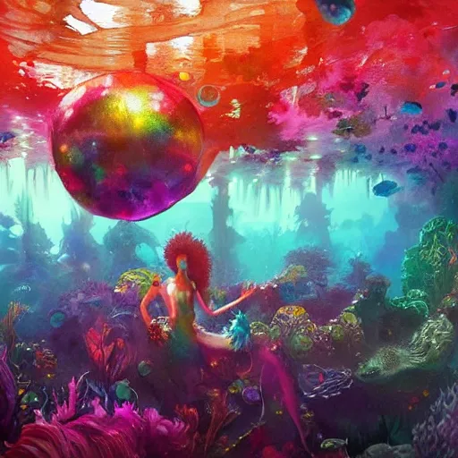 Prompt: a beautiful and vivid and colorful Grzegorz greg rutkowski watercolor and matte painting of an underwater discotheque with a disco ball and mermaids and fish and a colorful rainbow seaweed forest. trending on ArtStation