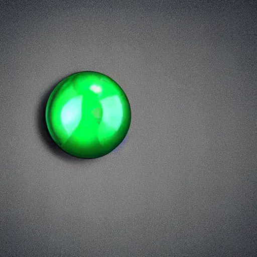 Image similar to a round shiny metal sphere with two triangular green eyes in it