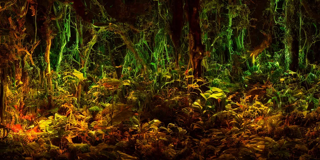 Prompt: scene still of avatar variety soft bioluminescent forest at night. 4 k cinematic cg weta weta weta lut balanced perfect lighting colorgraded
