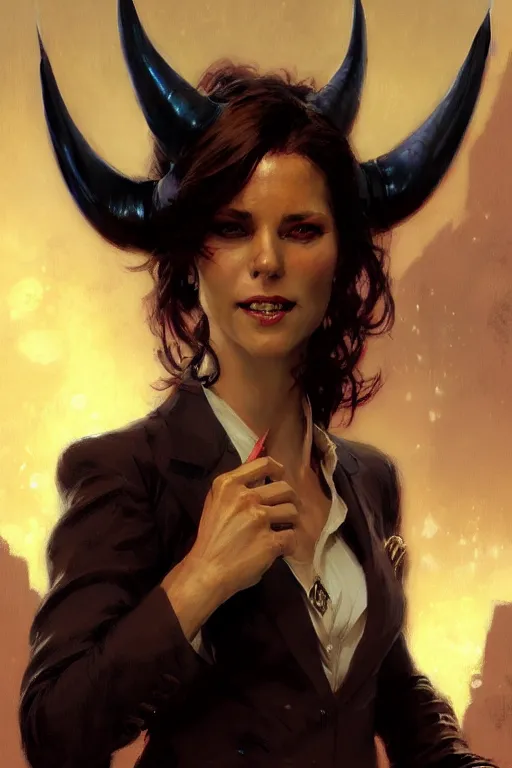 Image similar to well dressed woman in a business suit with a sly smile and demon horns portrait dnd, painting by gaston bussiere, craig mullins, greg rutkowski, yoji shinkawa