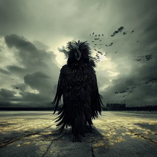 Image similar to Crow Fursuit, centre composition, dark clouds, golden hour, surreal abandoned buildings, dream-like heavy atmosphere, baroque painting, beautiful detailed intricate insanely detailed octane render trending on Artstation, 8K artistic photography, photorealistic, dramatic volumetric cinematic perfect light, chiaroscuro, award-winning photograph, masterpiece,