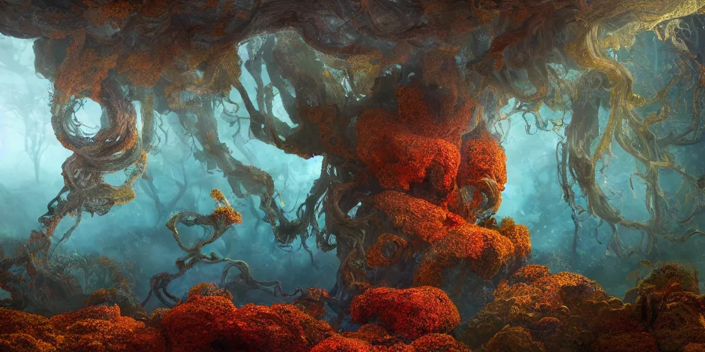 Image similar to Photorealistic intricate detailed picture of a levitating floating spirit with arms outstretched, made from colourful fungus tendrils. a gentle rising mist, an epic rocky landscape. occult photorealism, UHD, amazing depth, glowing, golden ratio, 3D octane cycle unreal engine 5, volumetric lighting, cinematic lighting, cgstation artstation concept art