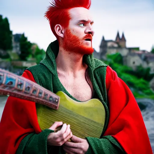 Prompt: man with fire - red hair, mischievous expression, bright green eyes, green cloak, holding a lute, small medieval village in the background, hyperrealism, annie liebovitz photography, 8 k