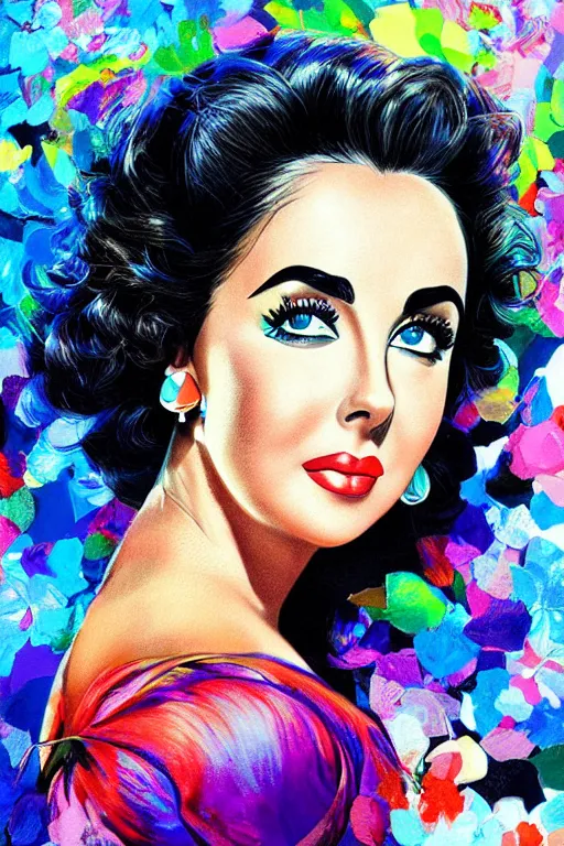 Prompt: a portrait of Elizabeth Taylor vivid colors, in a scenic environment by Artgerm, detailed,