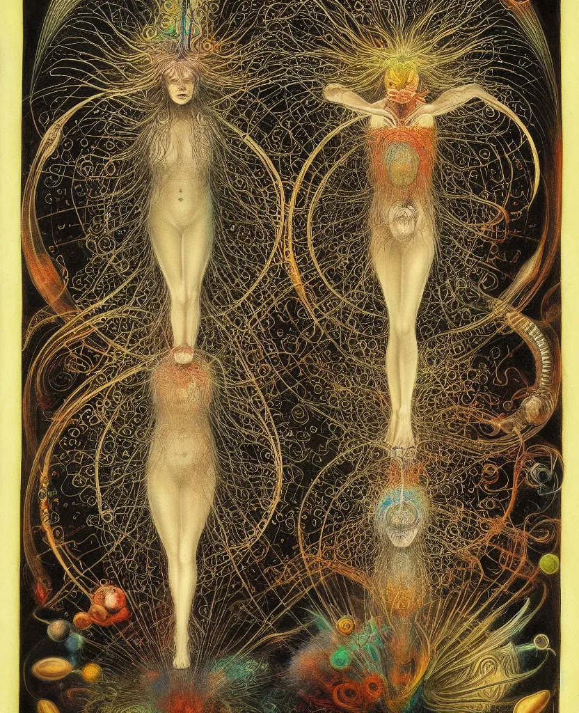 Prompt: at bifrost, a whimsical wild child creature radiates a unique canto'as above so below'while being ignited by the spirit of haeckel and robert fludd, breakthrough is iminent, glory be to the magic within, in honor of venus, painted by ronny khalil