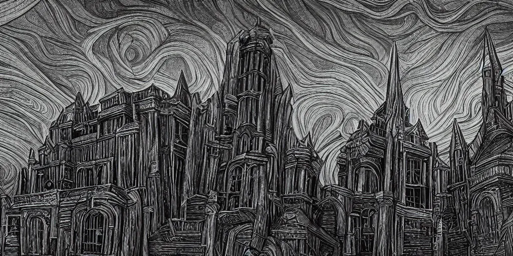 Prompt: charcoal high detailed art of monumental architecture inspired by h. p. lovecraft with gold contrast element