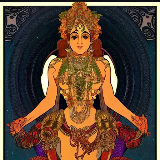 Prompt: dark Hindu deity, symmetric, with 6 arms, ultra realistic, fantasy, intricate, by alphonse mucha and ghibli style, trending on artstation