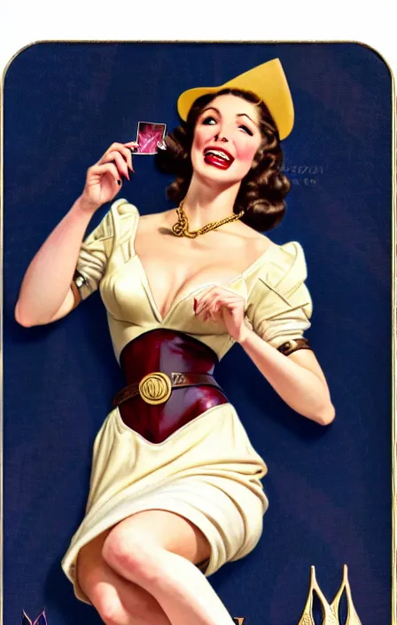 Prompt: a beautiful lady on a magic the gathering card by magali villeneuve and gil elvgren, crisp details, hyperrealism, smiling, happy, feminine facial features, stylish navy blue heels, gold chain belt, cream colored blouse, maroon hat, windblown, holding a leather purse, mtg card, mtg