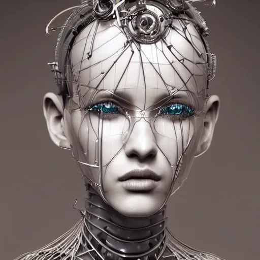 Prompt: closeup portrait of an absurdly beautiful, graceful, sophisticated, fashionable cyberpunk mechanoid gravure idol, an ultrafine hyperdetailed illustration by irakli nadar, matt wisniewski style, fashion photography, intricate linework, porcelain skin, unreal engine 5 highly rendered, global illumination, radiant light, detailed and intricate environment